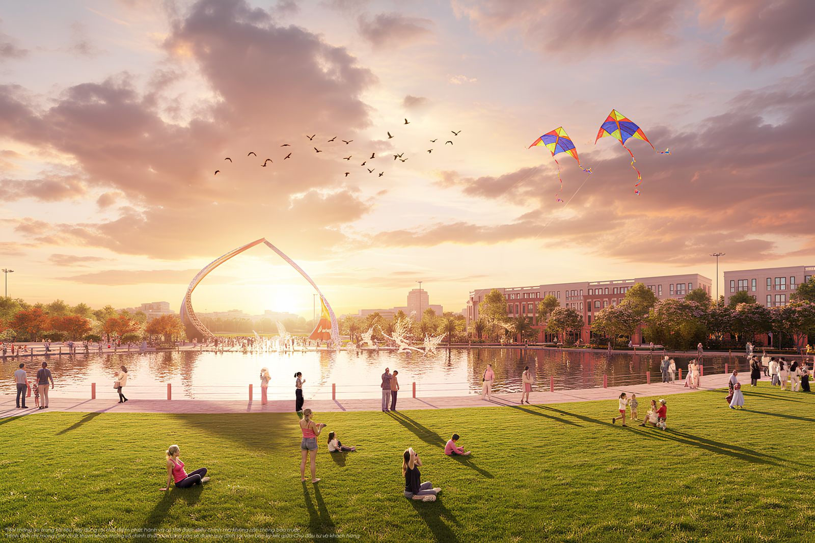 Phối cảnh công viên hồ Welcome Park tại Vinhomes Green Paradise Cần Giờ — mặt hồ trong xanh và thảm cây xanh ven bờ
