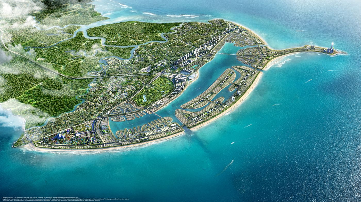 Phối cảnh tổng thể khu đô thị Vinhomes Green Paradise Cần Giờ nhìn từ trên cao — toàn đảo biển với biển hồ và các phân khu