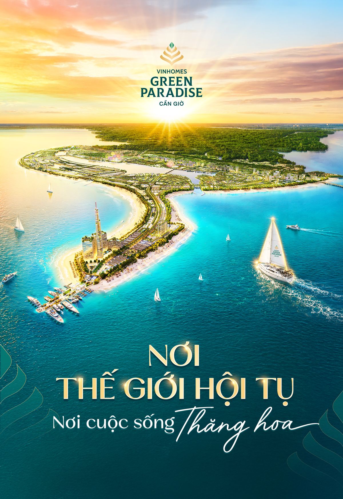 Poster phối cảnh tổng thể Vinhomes Green Paradise Cần Giờ — đảo đô thị biển với tháp 108 tầng, bãi biển và bến du thuyền lúc bình minh