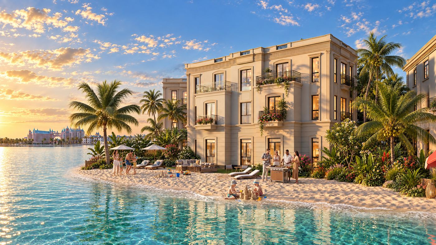 Phối cảnh villa với bãi biển riêng trước nhà tại Vinhomes Green Paradise Cần Giờ — biệt thự sát biển cát trắng