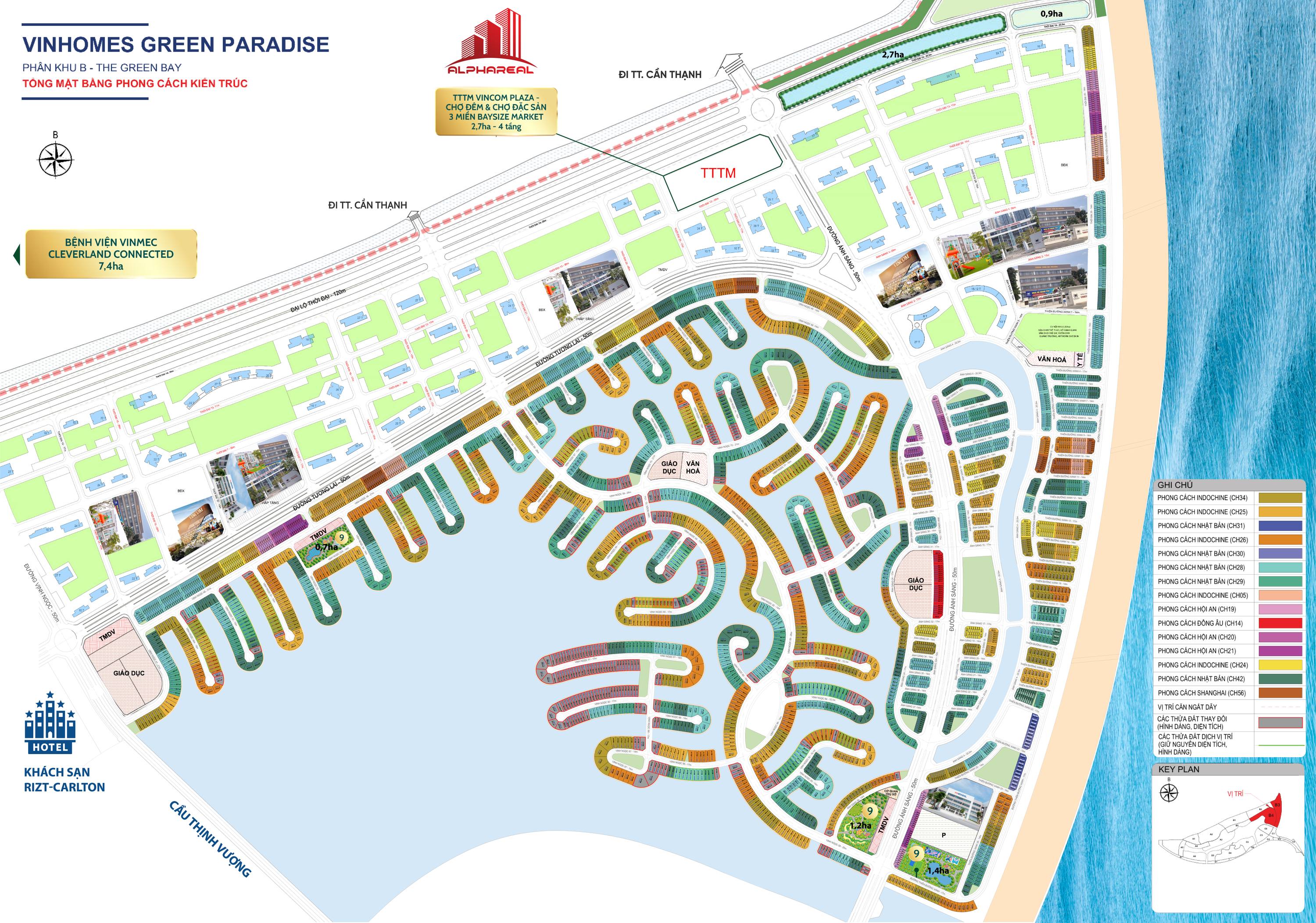 Tổng mặt bằng phong cách kiến trúc phân khu B – Vịnh Ngọc (The Green Bay), Vinhomes Green Paradise Cần Giờ — sơ đồ phân lô nhà phố và villa ven biển hồ